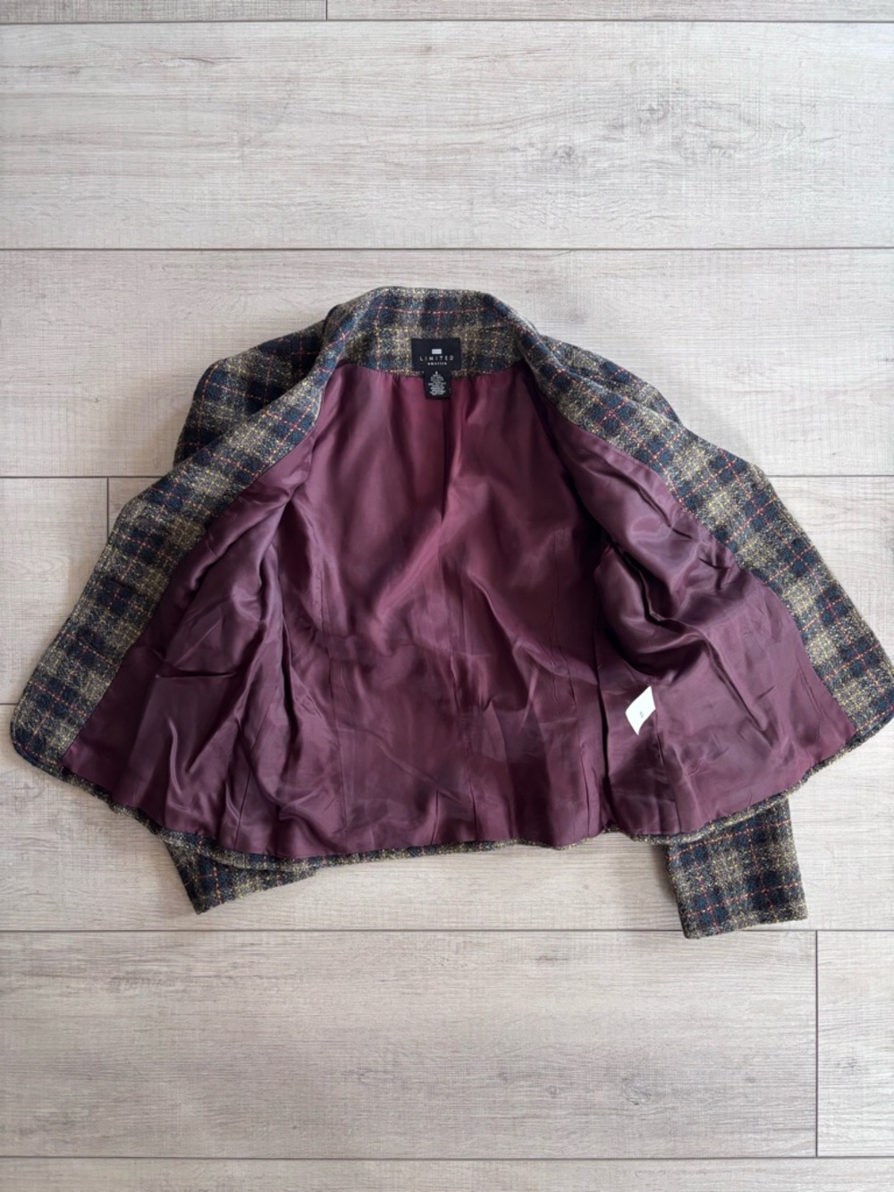 Limited America Vintage Plaid Wool Tweed Blend Blazer Olive Multicolor Size 8 - Picture 3 of 5